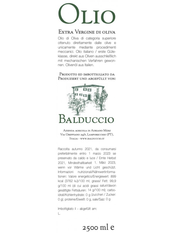 Ernte 2022 Olio extra vergine di Oliva 2,5 l - Balduccio nicht zertifiziert